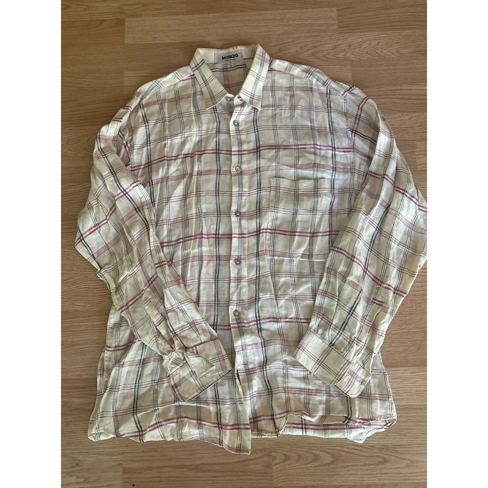 MONDO Men's‎ Shirt Linen Size Large 52 White Plaid Flannel Long Sleeve Button Up